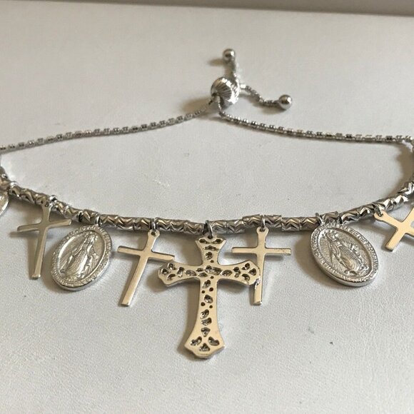 CROSS & MEDALLION CHARM LARIAT BRACELET / 925 STERLING SILVER / 9'' ADJUSTABLE - Picture 3 of 6